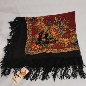 Vintage Russian floral fringe shawl scarf
